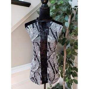Adele & May Blouse Top‎ Womens XL White Black Paisley Velour Trim Keyhole Neck